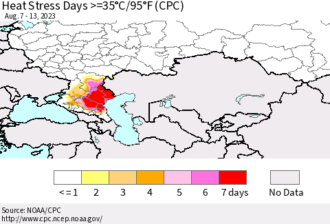 Russian Federation Heat Stress Days >=35°C/95°F (CPC) Thematic Map For 8/7/2023 - 8/13/2023