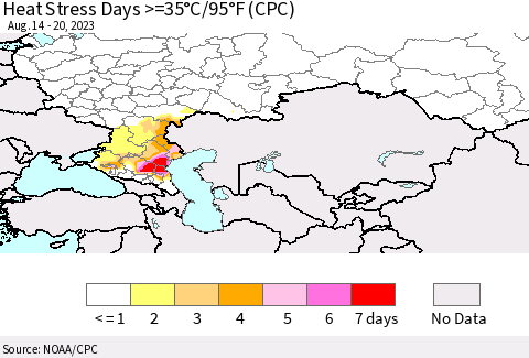Russian Federation Heat Stress Days >=35°C/95°F (CPC) Thematic Map For 8/14/2023 - 8/20/2023