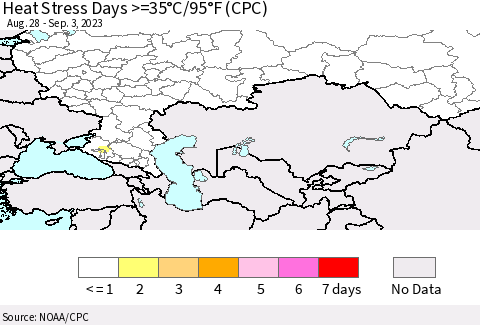 Russian Federation Heat Stress Days >=35°C/95°F (CPC) Thematic Map For 8/28/2023 - 9/3/2023