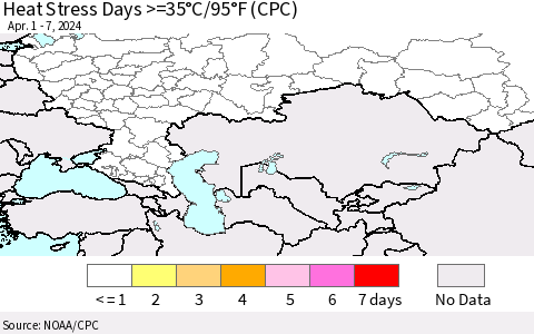 Russian Federation Heat Stress Days >=35°C/95°F (CPC) Thematic Map For 4/1/2024 - 4/7/2024