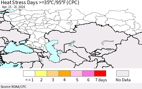 Russian Federation Heat Stress Days >=35°C/95°F (CPC) Thematic Map For 4/15/2024 - 4/21/2024