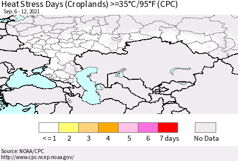 Russian Federation Heat Stress Days (Croplands) >=35°C/95°F (CPC) Thematic Map For 9/6/2021 - 9/12/2021