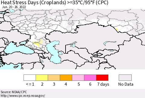 Russian Federation Heat Stress Days (Croplands) >=35°C/95°F (CPC) Thematic Map For 6/20/2022 - 6/26/2022