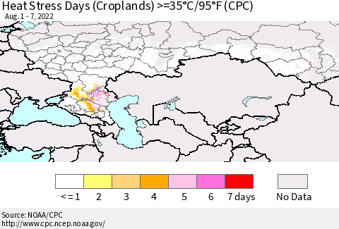 Russian Federation Heat Stress Days (Croplands) >=35°C/95°F (CPC) Thematic Map For 8/1/2022 - 8/7/2022