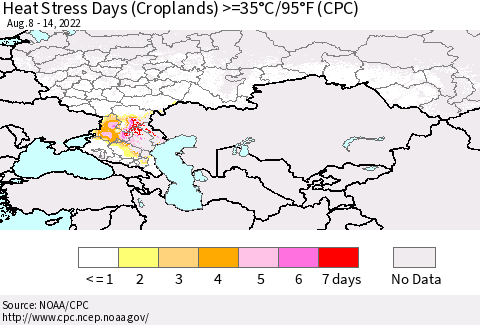 Russian Federation Heat Stress Days (Croplands) >=35°C/95°F (CPC) Thematic Map For 8/8/2022 - 8/14/2022