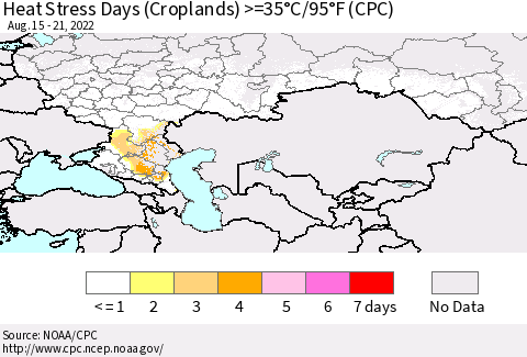 Russian Federation Heat Stress Days (Croplands) >=35°C/95°F (CPC) Thematic Map For 8/15/2022 - 8/21/2022