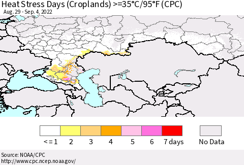 Russian Federation Heat Stress Days (Croplands) >=35°C/95°F (CPC) Thematic Map For 8/29/2022 - 9/4/2022