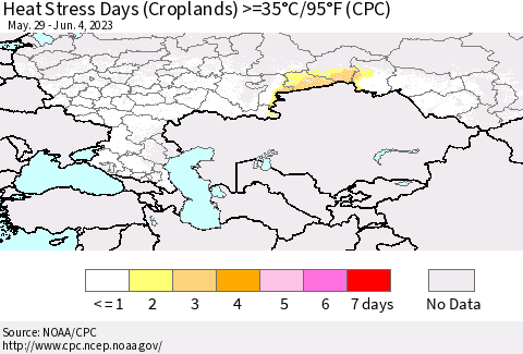 Russian Federation Heat Stress Days (Croplands) >=35°C/95°F (CPC) Thematic Map For 5/29/2023 - 6/4/2023