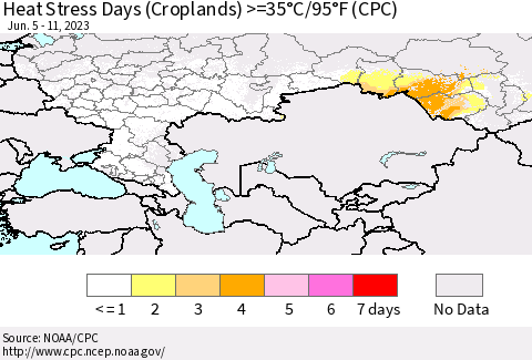 Russian Federation Heat Stress Days (Croplands) >=35°C/95°F (CPC) Thematic Map For 6/5/2023 - 6/11/2023