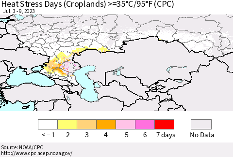 Russian Federation Heat Stress Days (Croplands) >=35°C/95°F (CPC) Thematic Map For 7/3/2023 - 7/9/2023