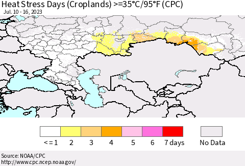 Russian Federation Heat Stress Days (Croplands) >=35°C/95°F (CPC) Thematic Map For 7/10/2023 - 7/16/2023