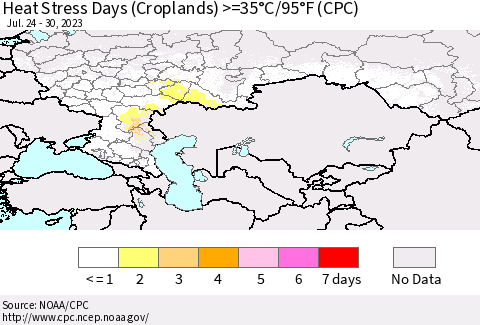Russian Federation Heat Stress Days (Croplands) >=35°C/95°F (CPC) Thematic Map For 7/24/2023 - 7/30/2023