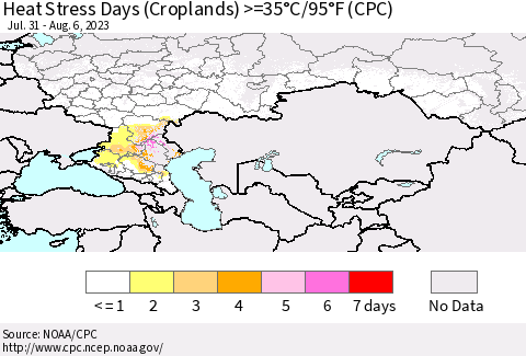 Russian Federation Heat Stress Days (Croplands) >=35°C/95°F (CPC) Thematic Map For 7/31/2023 - 8/6/2023