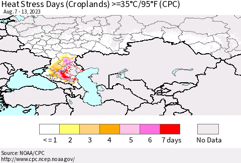Russian Federation Heat Stress Days (Croplands) >=35°C/95°F (CPC) Thematic Map For 8/7/2023 - 8/13/2023
