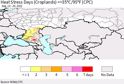 Russian Federation Heat Stress Days (Croplands) >=35°C/95°F (CPC) Thematic Map For 8/14/2023 - 8/20/2023