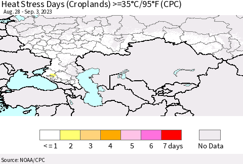 Russian Federation Heat Stress Days (Croplands) >=35°C/95°F (CPC) Thematic Map For 8/28/2023 - 9/3/2023