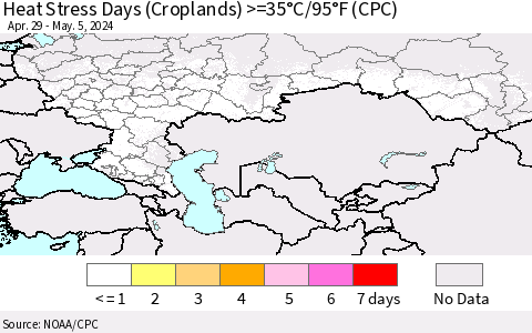 Russian Federation Heat Stress Days (Croplands) >=35°C/95°F (CPC) Thematic Map For 4/29/2024 - 5/5/2024