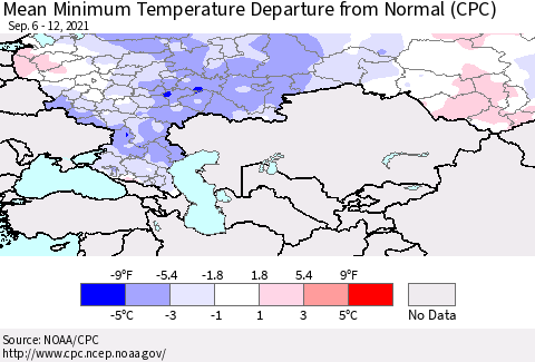 Russian Federation Mean Minimum Temperature Departure from Normal (CPC) Thematic Map For 9/6/2021 - 9/12/2021