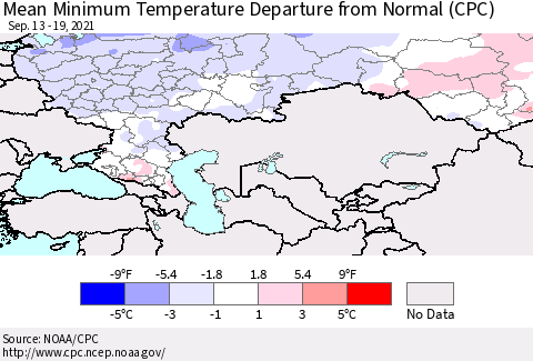 Russian Federation Mean Minimum Temperature Departure from Normal (CPC) Thematic Map For 9/13/2021 - 9/19/2021
