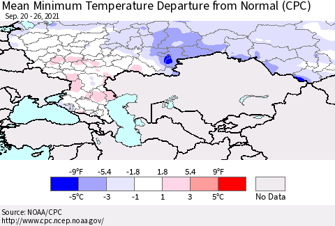 Russian Federation Mean Minimum Temperature Departure from Normal (CPC) Thematic Map For 9/20/2021 - 9/26/2021