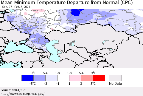 Russian Federation Mean Minimum Temperature Departure from Normal (CPC) Thematic Map For 9/27/2021 - 10/3/2021
