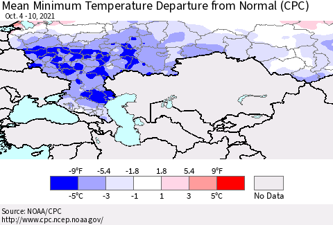 Russian Federation Mean Minimum Temperature Departure from Normal (CPC) Thematic Map For 10/4/2021 - 10/10/2021
