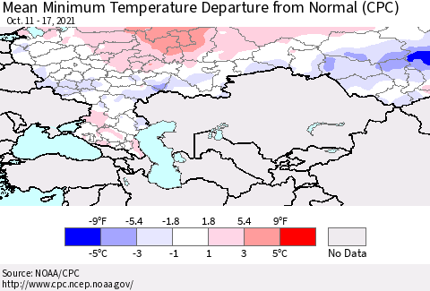 Russian Federation Mean Minimum Temperature Departure from Normal (CPC) Thematic Map For 10/11/2021 - 10/17/2021