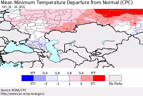 Russian Federation Mean Minimum Temperature Departure from Normal (CPC) Thematic Map For 10/18/2021 - 10/24/2021