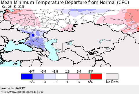Russian Federation Mean Minimum Temperature Departure from Normal (CPC) Thematic Map For 10/25/2021 - 10/31/2021