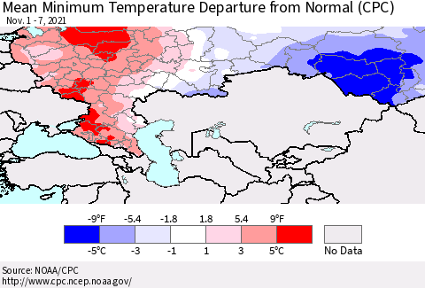 Russian Federation Mean Minimum Temperature Departure from Normal (CPC) Thematic Map For 11/1/2021 - 11/7/2021
