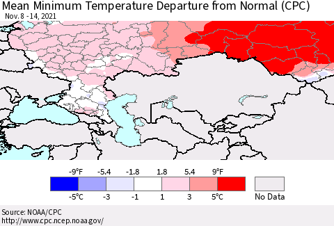 Russian Federation Mean Minimum Temperature Departure from Normal (CPC) Thematic Map For 11/8/2021 - 11/14/2021
