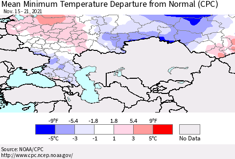 Russian Federation Mean Minimum Temperature Departure from Normal (CPC) Thematic Map For 11/15/2021 - 11/21/2021
