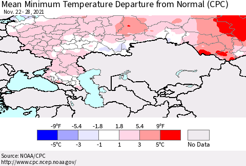 Russian Federation Mean Minimum Temperature Departure from Normal (CPC) Thematic Map For 11/22/2021 - 11/28/2021