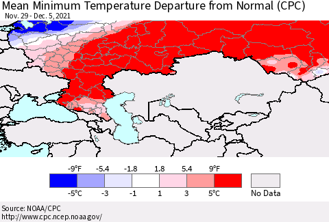 Russian Federation Mean Minimum Temperature Departure from Normal (CPC) Thematic Map For 11/29/2021 - 12/5/2021