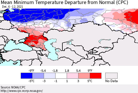 Russian Federation Mean Minimum Temperature Departure from Normal (CPC) Thematic Map For 12/6/2021 - 12/12/2021