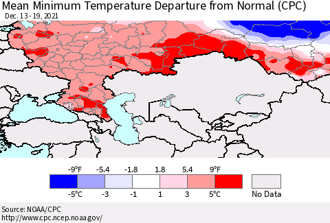 Russian Federation Mean Minimum Temperature Departure from Normal (CPC) Thematic Map For 12/13/2021 - 12/19/2021