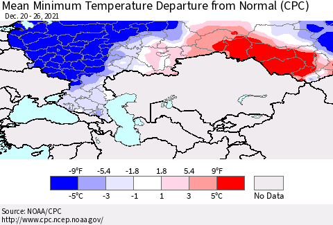 Russian Federation Mean Minimum Temperature Departure from Normal (CPC) Thematic Map For 12/20/2021 - 12/26/2021