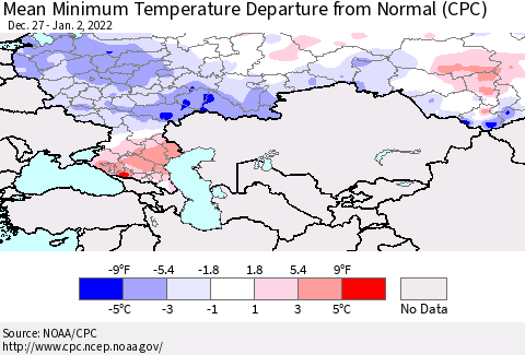 Russian Federation Mean Minimum Temperature Departure from Normal (CPC) Thematic Map For 12/27/2021 - 1/2/2022