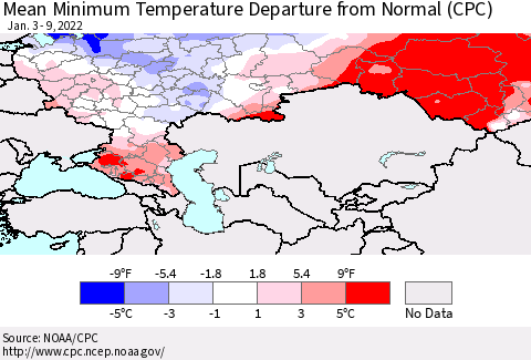 Russian Federation Mean Minimum Temperature Departure from Normal (CPC) Thematic Map For 1/3/2022 - 1/9/2022