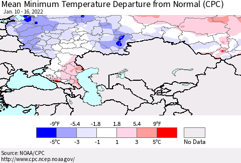 Russian Federation Mean Minimum Temperature Departure from Normal (CPC) Thematic Map For 1/10/2022 - 1/16/2022