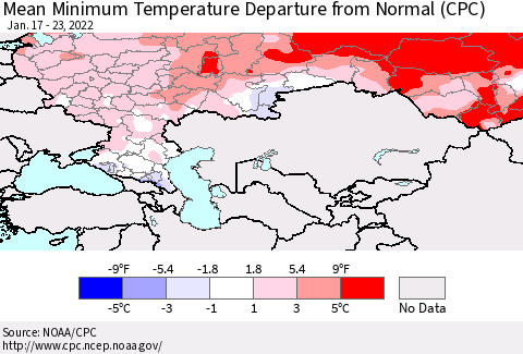 Russian Federation Mean Minimum Temperature Departure from Normal (CPC) Thematic Map For 1/17/2022 - 1/23/2022