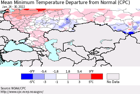 Russian Federation Mean Minimum Temperature Departure from Normal (CPC) Thematic Map For 1/24/2022 - 1/30/2022