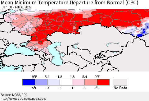 Russian Federation Mean Minimum Temperature Departure from Normal (CPC) Thematic Map For 1/31/2022 - 2/6/2022