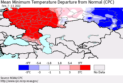 Russian Federation Mean Minimum Temperature Departure from Normal (CPC) Thematic Map For 2/7/2022 - 2/13/2022