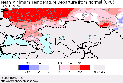 Russian Federation Mean Minimum Temperature Departure from Normal (CPC) Thematic Map For 2/14/2022 - 2/20/2022