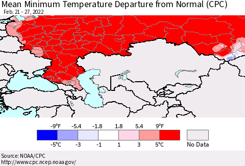 Russian Federation Mean Minimum Temperature Departure from Normal (CPC) Thematic Map For 2/21/2022 - 2/27/2022