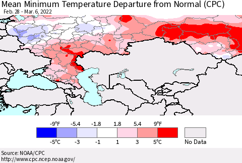 Russian Federation Mean Minimum Temperature Departure from Normal (CPC) Thematic Map For 2/28/2022 - 3/6/2022