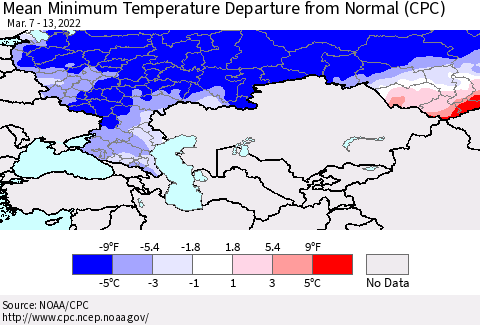 Russian Federation Mean Minimum Temperature Departure from Normal (CPC) Thematic Map For 3/7/2022 - 3/13/2022