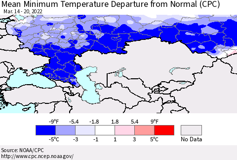 Russian Federation Mean Minimum Temperature Departure from Normal (CPC) Thematic Map For 3/14/2022 - 3/20/2022