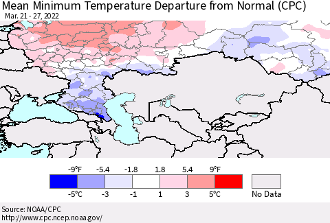 Russian Federation Mean Minimum Temperature Departure from Normal (CPC) Thematic Map For 3/21/2022 - 3/27/2022